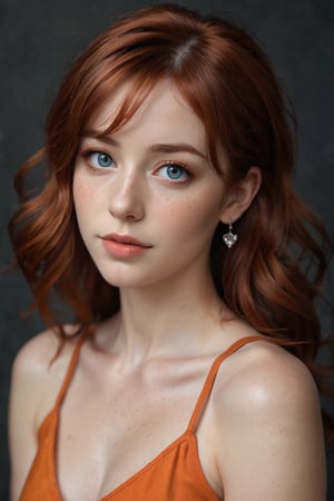 A young woman with vibrant red locks cascading down her shoulders frames her heart- shaped face as she stands against a somber dark gray wall. The orange sleeveless top accentuates her toned arms, complemented by dangling earrings that catch the light. Her piercing blue eyes sparkle beneath freckles on her cheeks, drawing attention to her wavy hair and radiant features.