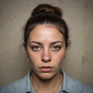 A mugshot of a woman, her expression a mix of defiance and resignation, is captured in a stark, unforgiving light. Her eyes seem to bore into the camera, as if daring anyone who dares to look at her to judge her harshly. A faint hint of desperation clings to her features, like the lingering haze of marijuana smoke. The background is a dull, institutional gray, reflecting the bleakness of her circumstances. In the foreground, a faint outline of handcuffs and chains serves as a stark reminder of her arrest for prostitution and possession of marijuana. Her face, once full of life and vitality, now seems drained of all color, much like the monotony of the prison walls.