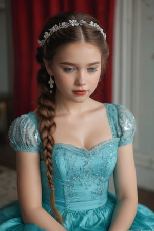 A serene young girl, with porcelain skin and luscious brown locks, sits peacefully in a medium shot. She wears a stunning turquoise dress, bedazzled with silver sequins and a show-stopping flower at its center. Her pigtails, adorned with delicate braids, frame her angelic face as she closes her eyes, slightly parted lips conveying contemplation. The stark white backdrop provides a striking contrast to her vibrant attire, while the red curtain to the left adds a bold pop of color.