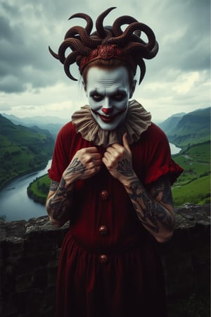 A sinister, twisted evil clown with pale skin and dark, sunken eyes dons saintly attire, contrasting with Medusa-inspired tattoos that snake across his arms and face. He stands provocatively in a fantasy world with a stone wall behind him, green hills rolling into the distance, and a cloudy sky above. A shallow depth of field and center-focused, eye-level angle highlight the clown’s unsettling presence. Cinestillidoscurio’s vivid hues and hyperdetailed, intricate textures bring the scene to life, with dramatic, moody lighting casting deep shadows and highlighting the clown’s malevolent grin. The background features a serene river, adding a stark contrast to the foreboding figure. The scene is framed with film grain and a dark, noir aesthetic, enhancing the eerie atmosphere.