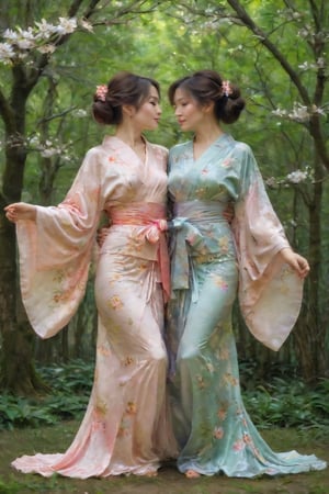 In a whimsical forest glade, soft moonlight casting an ethereal glow, two stunning Yuki-Menoke harem ladies, dressed in intricately patterned kimonos, lock lips in a tender yet passionate kiss. The delicate folds of their garments rustle softly as they sway to the rhythm of their embrace, amidst a tapestry of lush greenery and wispy cherry blossoms.