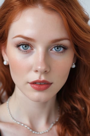 A ravishing redhead poses for an intimate close-up, eye-level shot. Her porcelain complexion and bright blue eyes are framed by long, wavy red locks parted in the middle. A black top, partially unbuttoned, reveals her pale skin beneath, accentuated by a necklace of three pearls. Her gaze meets the camera, mouth slightly ajar, showcasing pearly whites. Against a blurred white backdrop, this fair beauty's vibrant features pop against the stark contrast.