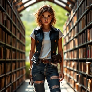 A young captain with tousled hair stands confidently in a sunlit library, where books sprout legs and share their tales. Dressed in a black leather vest, white t-shirt, ripped jeans, and cowboy boots, she exudes a blend of toughness and charm. Her hand rests on her hip, and she is centered in the frame, slightly angled. The background is a blurred greenery, with anamorphic lens flares adding a cinematic touch. The lighting is natural, with a shallow depth of field and HDR, creating a double complementary (tetradic) color palette. The scene is hyperdetailed, shot on a Sony A6400 with a Sony E 35mm f/1.8 OSS lens, capturing the intricate details and film grain, with a noir influence.