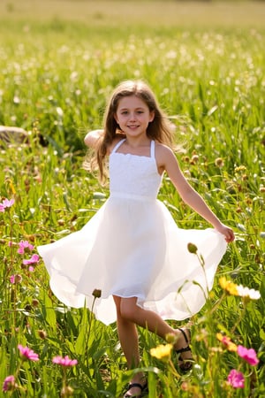 A young girl's dreamy dance in a sun-kissed meadow, surrounded by vibrant wildflowers, wears a flowing white dress, beaming with a bright and charming smile, as warm rays of sunlight filter through lush green blades, casting a soft glow on the serene scene, reminiscent of Renoir or Morisot's Impressionist masterpieces.