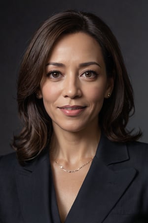 Vice President Kamala Harris posed confidently in a medium shot against a dark background, exuding elegance under soft box lighting that accentuated her silver fox hair and natural makeup. Her direct gaze and subtle smile conveyed approachability and seriousness, framed by the 80mm lens at f/1.4 capturing a shallow depth of field and film grain texture on the Canon EOS 5DS R with ISO 100 and 6x7cm medium format film, showcasing her mature presence without retouching or graphics.