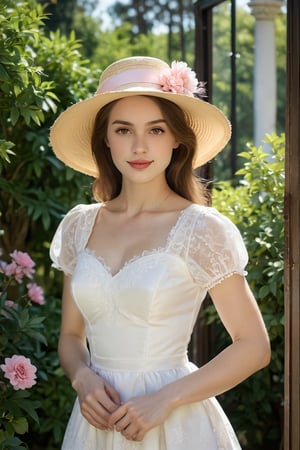 The subject of the painting is a young woman dressed in a white dress with short sleeves. Her attire appears to be formal or semi-formal, suggesting that she might be attending a special occasion such as a party, wedding, or ball. 

She is wearing a wide-brimmed yellow hat adorned with delicate lace trimmings around its edge, which matches her bright smile and youthful demeanor. There's also a ribbon tied at the base of the brim, adding another decorative element.

The woman has light brown hair styled neatly under the hat, giving off a classic look reminiscent of early 20th-century fashion trends. Her eyes are downcast but directed towards the viewer, hinting at shy or bashful emotions without revealing too much vulnerability. Her skin tone suggests fair complexion, likely indicating Caucasian heritage, although it’s hard to determine definitively from the image alone.

In the background, there seems to be a large bush with vibrant pink flowers. This floral backdrop adds color contrast against the white dress while bringing out the greenery around the area where the lady stands. The leaves on these bushes suggest lush growth indicative of springtime weather conditions, enhancing the overall cheerful ambiance of the scene. 

Behind the woman lies what looks like a window frame, possibly part of a garden view through glass doors or windows, showing more trees and sky beyond. The outdoor setting indicates that the woman may have been captured during a pleasant day outdoors, potentially near a home garden or park. The reflection of light on various surfaces hints at the sun being present, emphasizing a serene, peaceful moment caught by the artist.

Overall, the composition captures elements of innocence, femininity, elegance, and nature, making for a harmonious blend typical of classical portraiture styles often associated with Impressionist or Romanticism influences.