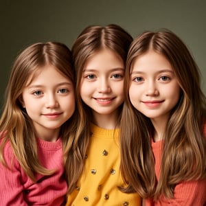 A heartwarming and sentimental portrait of three sisters, 1200*900, aged 7, 12, and 18, showcasing their growth and bond, photorealistic, warm colors, and soft lighting, capturing the innocence and beauty of sisterly love.