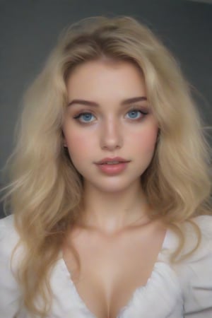 The image is a portrait of a young girl with long blonde hair. She is looking directly at the camera with a serious expression on her face. Her hair is styled in loose waves and falls over her shoulders. She has a slight smile on her lips and her eyes are a piercing blue. The background is black, making the girl the focal point of the image. She appears to be wearing a white blouse with a ruffled neckline. The lighting is soft and natural, highlighting her features,Supersex