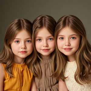 A heartwarming and sentimental portrait of three sisters, 1200*900, aged 7, 12, and 18, showcasing their growth and bond, photorealistic, warm colors, and soft lighting, capturing the innocence and beauty of sisterly love.