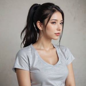 A young woman with long black hair, styled in a sleek ponytail, stands confidently in front of a clean white wall. Her gray t-shirt, featuring a cut-out neckline and short sleeves, is cinched at the waist by a black belt, adding a touch of sophistication to her outfit. Silver earrings adorn her ears as she gazes directly ahead, her eyes wide open and mouth slightly upturned, hinting at a playful smile.