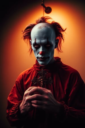 A sinister, twisted evil clown with pale skin, Medusa-inspired tattoos, and saintly attire stands provocatively in a dreamer's fortress, illuminated by soft, warm lighting from a single overhead light. The clown's eyes gleam with malevolence, contrasting with the serene, plain white wall behind. In the foreground, a dreamer with fair skin and a look of horror clutches a crucifix, their eyes wide with fear. The scene is captured in a dynamic, eye-level portrait orientation with a deep depth of field, emphasizing the intricate details of the clown's skin pores and the dreamer's emotional distress. Cinestillidoscurio's vivid hues enhance the dramatic mood, with a subtle film grain adding texture. The composition is exquisitely detailed, finely crafted, and complex, reminiscent of the visual style of director David Lynch, with a chilling atmosphere and a sense of impending doom.