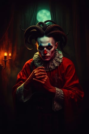 In a hauntingly lit, dimly veiled chamber, a grotesque clown clad in sacred vestments poses with an air of malevolent reverence. Medusa's snake-haired visage writhes across his pale skin like a living curse, as if hellish energies course through his very being. The eerie glow of Cinestillidoscurio's vivid hues casts an otherworldly sheen, illuminating the twisted juxtaposition of sacred and profane.