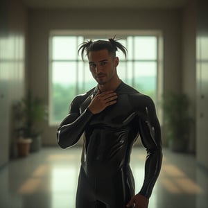 A muscular man with twintails hair and hairclips, dressed in a sleek, shiny black latex suit, stands in a minimalistic indoor setting with large windows offering an outdoor view. He faces the camera with a slight smile, touching his neck. The scene is set in an underground world beneath the earth's surface, with an analogous color palette and anamorphic lens flares. Strong studio lighting with a prominent rim light highlights his defined features, creating a super-realistic, finely-crafted, and naturalistic look. The background features subtle neoclassical elements and quilling art inspired by Henri Rousseau, adding an iconic and surreal touch. The lighting setup includes a soft key light from the front, a strong back light for the rim, and fill lights on either side to balance the shadows, all contributing to a neoclassical and dramatic atmosphere. Film grain and a square color palette enhance the visual depth and texture, capturing the essence of a high-contrast, cinematic shot.