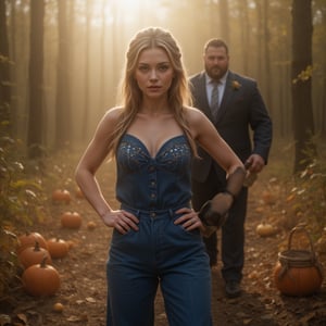 A young woman with fair skin and a slight smile, adorned in a blue denim jumpsuit with sequins, stands in an autumn woodland with carved pumpkins, scattered fruits, and a picnic basket. Her hair is styled elaborately for a wedding, and she places her right hand on her hip, facing the camera. A beefy man in a luxury suit stands behind her, handing her a wine bottle. The scene is bathed in natural, warm autumn light with a strong backlight, creating a soft, low-contrast, intricate look. The composition is a mid-shot with a slight soft focus, shot in a gritty industrial style, framed with film grain and a warm, golden color grade, reminiscent of Edward Burtynsky's cinematography.