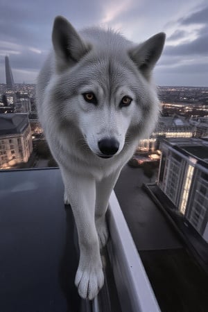 A close-up of a female werewolf with soft, silvery fur and piercing amber eyes, her expression a mix of curiosity and mischief. She stands on a glass balustrade overlooking a blurry cityscape in a mystical land of eternal twilight. Natural lighting filters through, complemented by studio lights with strong rim lighting to accentuate her furry features. The analogous color palette of deep purples, blues, and silvers creates a dramatic, moody atmosphere. Shot on a Pentax K-1 Mark II with a Pentax FA 43mm f/1.9 Limited lens, the image has a subtle film grain and a slightly underexposed look, enhancing the mystical and ethereal vibe.