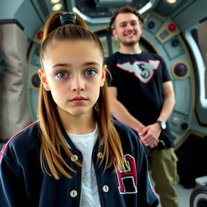 A young woman with fair, matte skin and long, straight light brown hair in a high ponytail stands close-up, her large, expressive green eyes tilted upward in curiosity. She wears a soft, fuzzy navy blue varsity jacket with red and white stripes over a white shirt with intricate silver embroidery. Behind her, a non-Euclidean architect with plaited hair and a lip ring, dressed in green cargo pants, black t-shirt, and hiking boots, stands straight, hands clasping a bag, weight on right leg, smiling. They are inside a high-tech orbital space station, with a stone wall and draped curtains, studio lighting with strong rim light, creating a double complementary (tetradic) color palette. The scene is framed with a shallow depth of field, emphasizing the young woman's youthful and approachable appearance, reminiscent of a Bob Ross painting, with subtle film grain and pastel color grading, capturing a moment of wisdom transfer and intimacy.