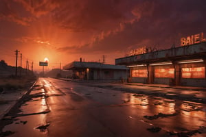 Here is a prompt that captures the eerie scene:

Create an image of a deserted service area on the highway to hell, with an ominous red sky casting a menacing glow over the scene. Flickering fluorescent lights illuminate rusty metal structures and fading signs, conveying a sense of decay and abandonment. In the background, the highway stretches towards a fiery horizon, immersing viewers in an unsettling atmosphere.