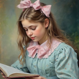 The image is a painting in an impressionist style, depicting a young girl with long, wavy, light brown hair adorned with a pink bow on the right side. She is shown in profile, facing to the left, and is dressed in a light blue, polka-dotted dress with a high collar. The girl appears to be engrossed in reading a book, which she holds in her right hand, her left hand resting on her lap. The background is a blurred, abstract mixture of greens and yellows, suggesting an outdoor setting with tall, grassy vegetation. The painting is executed in soft, blended brushstrokes, characteristic of impressionist art, which gives a gentle, dreamy quality to the image. The girl's expression is calm and focused, her eyes looking down at the book. The overall mood of the painting is serene and contemplative, capturing a quiet moment of reading and reflection. The texture of the painting is smooth and rich, with a soft, luminous quality that enhances the impressionistic style.