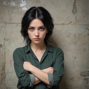 A mugshot of a stunning woman with raven-black hair and piercing green eyes, captured in a stark, unforgiving light. Her facial expression is a mix of defiance and resignation as she sits, hands cuffed behind her back, against a worn, gray concrete wall. The composition is unflattering, emphasizing the harsh realities of her situation.