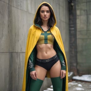 Against a gritty, urban backdrop of a concrete wall with a single window framing the scene, a heroine stands tall. She wears a striking yellow and green suit adorned with a bold cross on her chest, paired with a black jacket and hooded cape flowing behind her. Long, snowy locks cascade down her back as she poses with confidence, one hand resting on her hip and the other on her thigh. Her piercing gaze meets the camera's lens, exuding determination and authority. The overall tone is dramatic and powerful, as if she's ready to leap into action at a moment's notice.