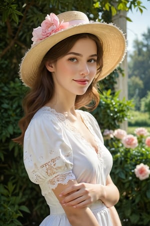 The subject of the painting is a young woman dressed in a white dress with short sleeves. Her attire appears to be formal or semi-formal, suggesting that she might be attending a special occasion such as a party, wedding, or ball. 

She is wearing a wide-brimmed yellow hat adorned with delicate lace trimmings around its edge, which matches her bright smile and youthful demeanor. There's also a ribbon tied at the base of the brim, adding another decorative element.

The woman has light brown hair styled neatly under the hat, giving off a classic look reminiscent of early 20th-century fashion trends. Her eyes are downcast but directed towards the viewer, hinting at shy or bashful emotions without revealing too much vulnerability. Her skin tone suggests fair complexion, likely indicating Caucasian heritage, although it’s hard to determine definitively from the image alone.

In the background, there seems to be a large bush with vibrant pink flowers. This floral backdrop adds color contrast against the white dress while bringing out the greenery around the area where the lady stands. The leaves on these bushes suggest lush growth indicative of springtime weather conditions, enhancing the overall cheerful ambiance of the scene. 

Behind the woman lies what looks like a window frame, possibly part of a garden view through glass doors or windows, showing more trees and sky beyond. The outdoor setting indicates that the woman may have been captured during a pleasant day outdoors, potentially near a home garden or park. The reflection of light on various surfaces hints at the sun being present, emphasizing a serene, peaceful moment caught by the artist.

Overall, the composition captures elements of innocence, femininity, elegance, and nature, making for a harmonious blend typical of classical portraiture styles often associated with Impressionist or Romanticism influences.