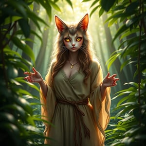 A lifelike catgirl hybrid stands amidst the serene forest's depths, her radiant aura drawing attention to her alluring presence. Framed by a canopy of lush greenery, she wears a flowing nature-inspired tunic that complements her fluffy fur, with subtle feline claws adorning her hands. Her eyes aglow with whimsy and mischief, she seems to be savoring the tranquility of her surroundings.