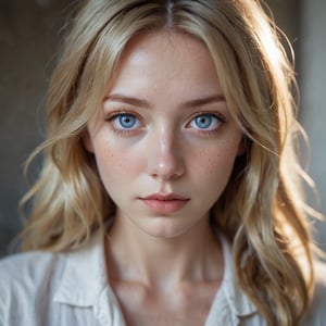A young woman with blonde hair styled in loose waves framing her serious expression, her piercing blue eyes locking onto the camera lens. Freckles dot her porcelain skin as she gazes forthrightly, her features illuminated by soft, diffused light. The blurred background hints at an outdoor setting on a concrete floor, while the overall atmosphere exudes calmness and serenity.