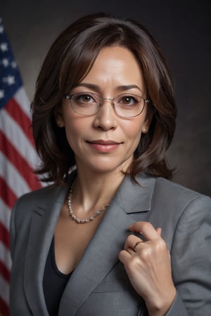 Official portrait of Kamala Harris, Vice President of the United States, a mix of professional and sexy, glamorous lighting, medium shot, confident expression, direct eye contact, soft smile, natural makeup, dark background, American flag pin, subtle glare from glasses, high-end camera, 80mm lens, f/1.4, shallow depth of field, high resolution, film grain, color accuracy, professional photography, portrait photography, studio lighting, Canon EOS 5DS R, ISO 100, 6x7cm, medium format, analog film, Kodak Portra 800, white balance, 1/125 sec shutter speed, natural skin tones, no retouching, confident pose, relaxed posture, hands in frame, elegant attire, dark power suit, no text, no graphics, serious yet approachable, mature beauty, mature woman, mature model, over 50, 50+, silver fox, salt and pepper hair, short hair, gray hair, no hat, no accessories, indoor shoot, single light source, soft box lighting, single person, one person only, single subject, solo, solo portrait, single female, female only, female portrait, woman, woman over 50, older woman, older model, older adult, senior, senior citizen, senior woman, senior lady, mature lady, mature senorita, ma'am, madam, ma'am portrait,