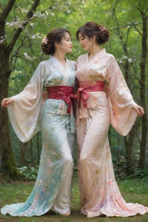 In a whimsical forest glade, soft moonlight casting an ethereal glow, two stunning Yuki-Menoke harem ladies, dressed in intricately patterned kimonos, lock lips in a tender yet passionate kiss. The delicate folds of their garments rustle softly as they sway to the rhythm of their embrace, amidst a tapestry of lush greenery and wispy cherry blossoms.