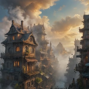 In this eerie, atmospheric watercolor cover, the forgotten metropolis's fog-shrouded skyline is bathed in warm, golden light, with steam-pierced clouds drifting lazily across the sky. Old houses with crumbling facades now hum with advanced electrical networks, their intricate gears and cogs meshing seamlessly with lush flora as they rise like mechanical sentinels from the mist. A mysterious figure, Justine, steps forth from the shadows, her gaze piercing the fog as she emerges in photorealistic detail against a matte background of holographic edges dancing across the surface. The overall effect is one of mystique and allure, inviting the viewer to step into the world of steampunk-tinged excess and desire.