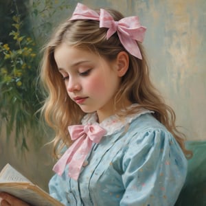 The image is a painting in an impressionist style, depicting a young girl with long, wavy, light brown hair adorned with a pink bow on the right side. She is shown in profile, facing to the left, and is dressed in a light blue, polka-dotted dress with a high collar. The girl appears to be engrossed in reading a book, which she holds in her right hand, her left hand resting on her lap. The background is a blurred, abstract mixture of greens and yellows, suggesting an outdoor setting with tall, grassy vegetation. The painting is executed in soft, blended brushstrokes, characteristic of impressionist art, which gives a gentle, dreamy quality to the image. The girl's expression is calm and focused, her eyes looking down at the book. The overall mood of the painting is serene and contemplative, capturing a quiet moment of reading and reflection. The texture of the painting is smooth and rich, with a soft, luminous quality that enhances the impressionistic style.