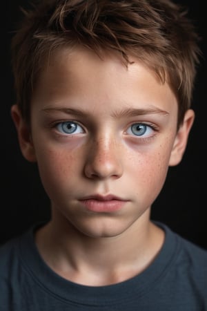 A young boy with chestnut brown hair and piercing blue eyes takes center stage in this intimate close-up portrait. His intense gaze, directed directly at the viewer, conveys a sense of vulnerability. The mustard-hued T-shirt adds a pop of color to his otherwise neutral-toned complexion, which is speckled with a scattering of freckles, imbuing him with an air of authenticity. The dramatic black backdrop provides a striking contrast to the boy's features and clothing, drawing attention to his expressive face.