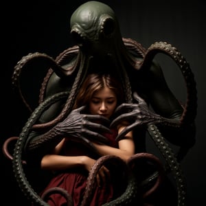 In a chilling and enchanting scene, a faceless tentacle monster tenderly embraces a frightened yet adorable young woman, creating a stark contrast between the dreadful presence of Cthulhu and the cuteness of his victim. Despite the terrifying situation, an unexpected romantic and sensual tenderness emerges between the two, weaving an unexpected depth into the composition and adding nuance to the horrifying premise. The dreadful yet beautiful image exudes a fascinating blend of fear, curiosity, and affection, as if plucked from the pages of a classic Lovecraftian tale. This unforgettable scene encapsulates the essence of the mind-bending, gothic horror that has captivated audiences for generations, inviting viewers to explore the fascinating realms of terror and tenderness that lie beyond the boundaries of the mundane.