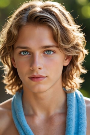 A stunning young boy, adorned with a vibrant blue towel wrapped elegantly around his neck. His striking features shine through - long blonde hair cascading down his back, piercing blue eyes sparkling bright, and smooth tan skin glowing under the warm light. Framed in a scenic full shot, he exudes confidence and charm, his short curly brown hair adding a playful touch. The uncropped image allows for an unobstructed view of his captivating gaze, as if he's inviting us to step into his world.