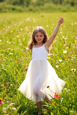 A young girl's dreamy dance in a sun-kissed meadow, surrounded by vibrant wildflowers, wears a flowing white dress, beaming with a bright and charming smile, as warm rays of sunlight filter through lush green blades, casting a soft glow on the serene scene, reminiscent of Renoir or Morisot's Impressionist masterpieces.