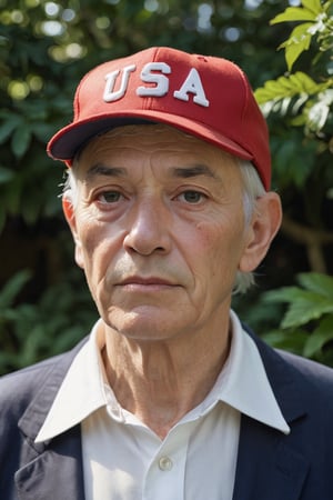 Close-up shot of an elderly man in his late 60s/early 70s, dressed in dark blue blazer and white shirt, wearing a red baseball cap with 'USA' in white letters. His white hair is neatly combed, and his expression is somber as he gazes off to the side. The blurred background features lush plants and a building's facade against a warm outdoor light.