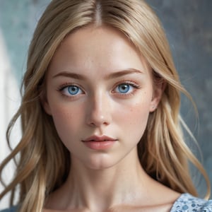 a close-up, eye-level shot captures a young woman with long blonde hair and blue eyes. her face is adorned with freckles, adding a subtle touch of imperfection to her appearance. her hair is parted in the middle, creating a sleek look. her dress, featuring a light blue pattern, adds a pop of color to her ensemble. the backdrop is intentionally blurred, enhancing the subject's prominence in the frame.