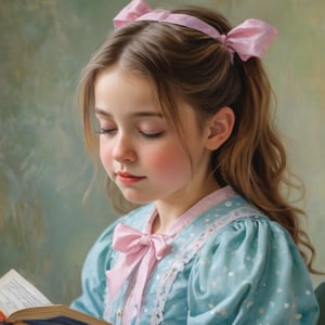 The image is a painting in an impressionist style, depicting a young girl with long, wavy, light brown hair adorned with a pink bow on the right side. She is shown in profile, facing to the left, and is dressed in a light blue, polka-dotted dress with a high collar. The girl appears to be engrossed in reading a book, which she holds in her right hand, her left hand resting on her lap. The background is a blurred, abstract mixture of greens and yellows, suggesting an outdoor setting with tall, grassy vegetation. The painting is executed in soft, blended brushstrokes, characteristic of impressionist art, which gives a gentle, dreamy quality to the image. The girl's expression is calm and focused, her eyes looking down at the book. The overall mood of the painting is serene and contemplative, capturing a quiet moment of reading and reflection. The texture of the painting is smooth and rich, with a soft, luminous quality that enhances the impressionistic style.