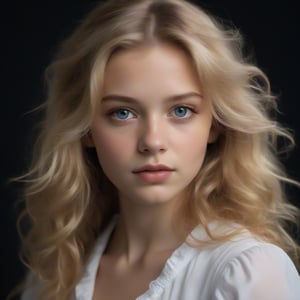 The image is a portrait of a young girl with long blonde hair. She is looking directly at the camera with a serious expression on her face. Her hair is styled in loose waves and falls over her shoulders. She has a slight smile on her lips and her eyes are a piercing blue. The background is black, making the girl the focal point of the image. She appears to be wearing a white blouse with a ruffled neckline. The lighting is soft and natural, highlighting her features,Supersex