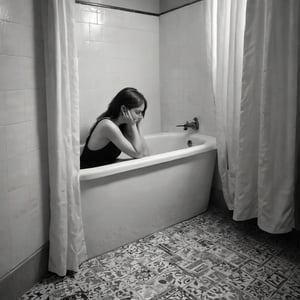 A somber black and white photograph frames a young woman's introspective moment, as she sits in a worn bathtub, her head bowed in despair, tears flowing freely down her face. The tile surround and shower curtain provide a stark contrast to the turmoil within. In the background, a tiled wall serves as a subtle reminder of the isolation. The text overlay, 'Act reproductive and keep being hard', adds a jarring layer of complexity to this poignant scene.