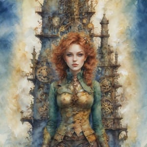 Amidst the fog-shrouded, steam-pierced skyline of a forgotten metropolis, Marquis de Sade's iconic novel 'Justine' is reborn as a steampunk-infused watercolor cover. Old houses with crumbling facades now hum with advanced electrical networks, as ArtStation's sheetsolete style blends organic and mechanical elements. Holographic edges dance across the matte, shimmering in 4K HD photorealism, while intricate gears and cogs mesh seamlessly with lush flora, as a mysterious figure - Justine - steps forth from the shadows, her gaze piercing the mist.,watercolor \(medium\)