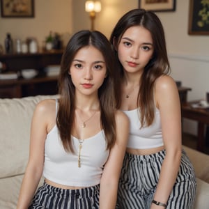 Close-up selfie of two young women, one in a white crop top with black and white striped pants, long brown hair framing her serious expression. Direct gaze meets the camera's lens. Gold necklace with pendant glimmers against her skin. Background: cozy living room with worn couch and coffee table, soft lighting casting warm ambiance.