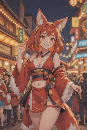 Generate the image of an engaging and vivacious cosplayer dressed in a colorful traditional Japanese outfit, personifying the charming and mystical fox spirit. She stands against a soft, warm glow, illuminating her radiant smile amidst a crowd of excited attendees at a festive event. Her intricate fox crop and red fox ears add to the enchantment, making it impossible to take your eyes off her captivating aura.,1girl