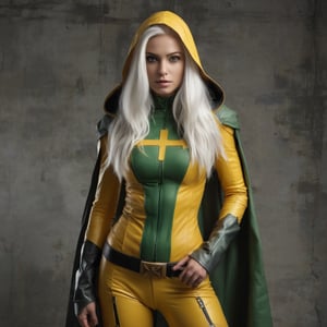 A bold superheroine stands tall, dressed in a vibrant yellow and green suit adorned with a distinctive cross emblem on the chest, paired with a black jacket and hood. Her long white hair flows behind her as she confidently poses, one hand resting on her hip and the other on her thigh. A serious expression dominates her face, fixed directly at the camera. Against a gritty concrete wall backdrop, a window to the right adds depth. The overall mood is dramatic and powerful, evoking a sense of strength and determination.,Supersex