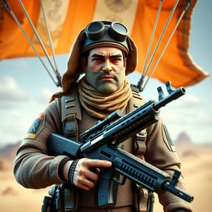 Realistic, 3D rendering of a Muslim action figure, inspired by GI Joe, wearing a paraglider suit, with a determined facial expression, holding a assault rifle, with a Middle Eastern-inspired desert background, 1400*1000