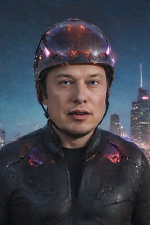 Elon Musk-inspired villain standing amidst a dystopian cityscape, where towering skyscrapers and neon lights reflect off his chrome-plated helmet. His eyes glow with an otherworldly intensity as he gazes out upon the desolate landscape, his sharp jawline and chiseled features illuminated by a single, harsh spotlight. In the background, a fleet of autonomous vehicles hover like mechanical birds, their LED lights flashing in sync with Musk's villainous grin.