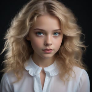 The image is a portrait of a young girl with long blonde hair. She is looking directly at the camera with a serious expression on her face. Her hair is styled in loose waves and falls over her shoulders. She has a slight smile on her lips and her eyes are a piercing blue. The background is black, making the girl the focal point of the image. She appears to be wearing a white blouse with a ruffled neckline. The lighting is soft and natural, highlighting her features,Supersex