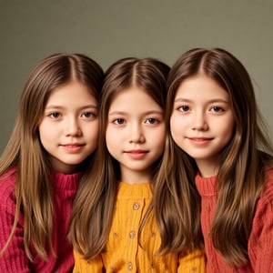 A heartwarming and sentimental portrait of three sisters, 1200*900, aged 7, 12, and 18, who are look-alikes, showcasing their growth and bond, photorealistic, warm colors, and soft lighting, capturing the innocence and beauty of sisterly love.