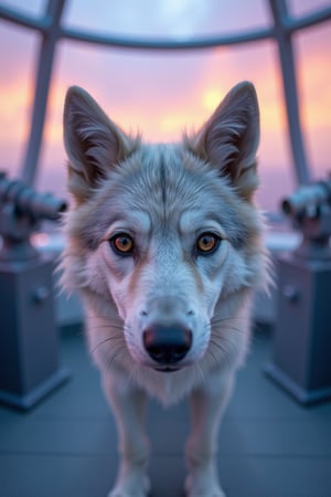 A close-up, eye-level shot of a female werewolf with cute and sexy furry features, centered on the observation deck of a cosmic observatory. Her hazel eyes gleam with mischief, and her soft, silver fur contrasts against the blurred, bokeh-filled background of celestial instruments. The soft pastel lighting, with a gentle lavender and peach hue, casts a dreamy glow, enhancing her ethereal beauty. The scene is framed with a shallow depth of field, emphasizing her detailed features. Shot on a Leica CL with a Leica Summilux-TL 35mm f/1.4 ASPH lens, the image has a slight film grain and a warm, nostalgic color grading, reminiscent of Harry Benson's style.