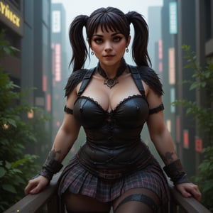 A rotund young woman with twintails hair, dressed as a Wall Street broker yuppie in a black corset top and plaid skirt, sits on a wooden railing in a cyberpunk city. Her glossy, retro 80s outfit features lace details, and she has an engaged expression with one leg raised. The scene is a close-up, eye-level shot with shallow depth of field, the green foliage and blurred cityscape creating a moody, analogous color palette. High key lighting from a softbox placed straight on illuminates her face, casting subtle shadows and highlighting the glossy texture of her clothing. The image, shot on a Panasonic Lumix S5 with a Lumix S PRO 70-200mm f-2.8 O.I.S lens, has a triadic color palette and a cinematic feel, reminiscent of Julie Blackmon's style, with film grain and a slightly overexposed background.